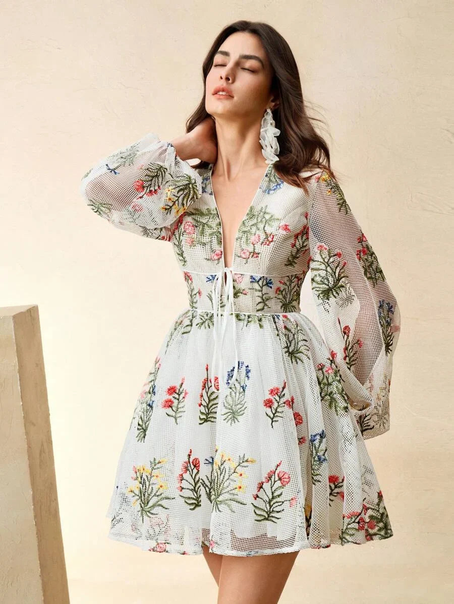 Womens Elegant Colorful Hollow Embroidered VNeck Puff Sleeve Tie Waist Short Dress