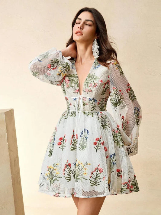 Womens Elegant Colorful Hollow Embroidered VNeck Puff Sleeve Tie Waist Short Dress