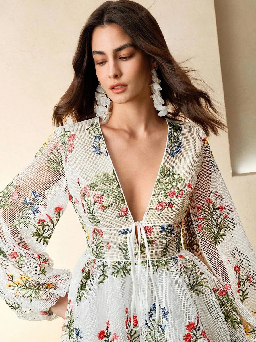 Womens Elegant Colorful Hollow Embroidered VNeck Puff Sleeve Tie Waist Short Dress