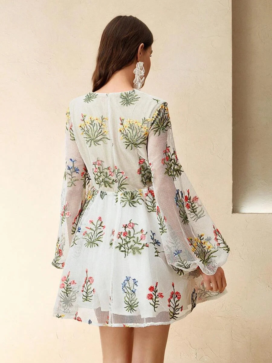 Womens Elegant Colorful Hollow Embroidered VNeck Puff Sleeve Tie Waist Short Dress