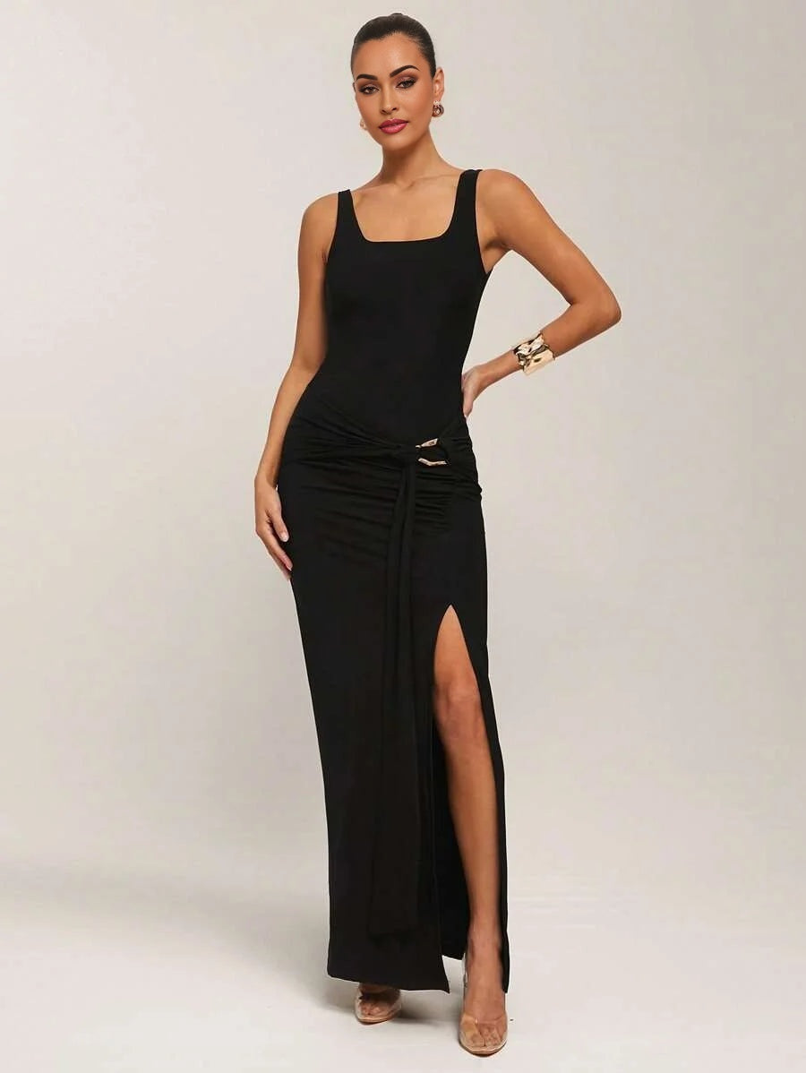 Womens Elegant Commuter Sleeveless VNeck Solid Black Dress Summer Fashion Stretch Knitted Long