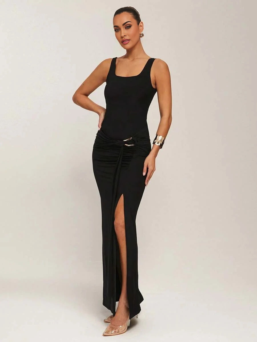 Womens Elegant Commuter Sleeveless VNeck Solid Black Dress Summer Fashion Stretch Knitted Long