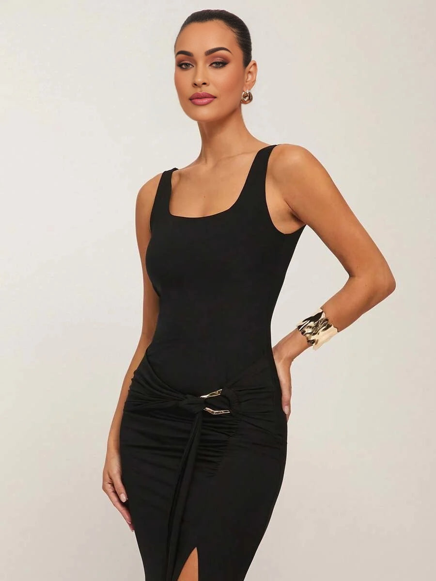 Womens Elegant Commuter Sleeveless VNeck Solid Black Dress Summer Fashion Stretch Knitted Long