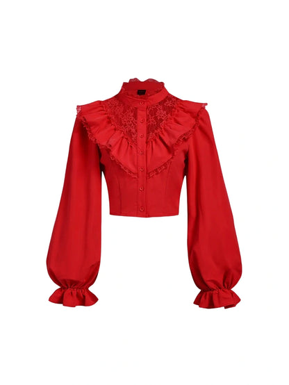 Scarlett Victorian ruffle blouse with lace details, high neckline, and bishop sleeves in bold red