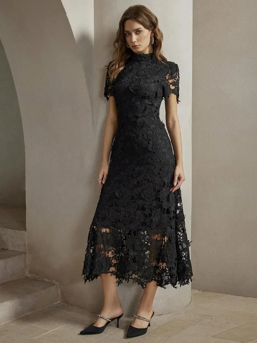 Womens Elegant Fitted WaterSoluble Lace Short Sleeve Waist Cinched Mini Dress Maxi Women Outfit