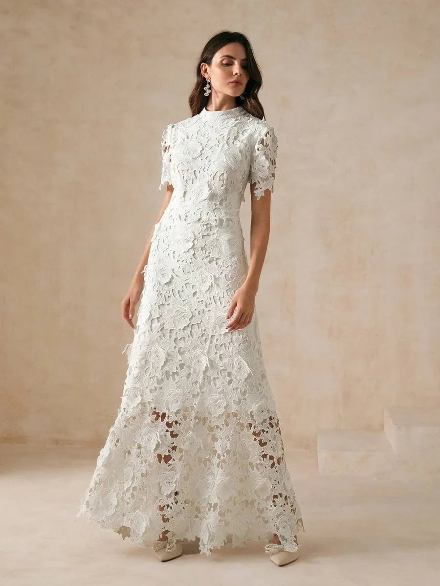 Womens Elegant Fitted WaterSoluble Lace Short Sleeve Waist Cinched Mini Dress Maxi Women Outfit