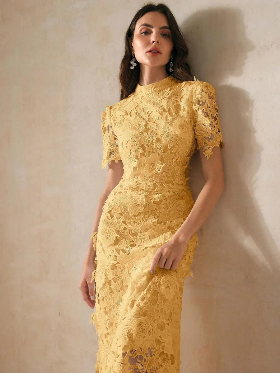 Womens Elegant Fitted WaterSoluble Lace Short Sleeve Waist Cinched Mini Dress Maxi Women Outfit