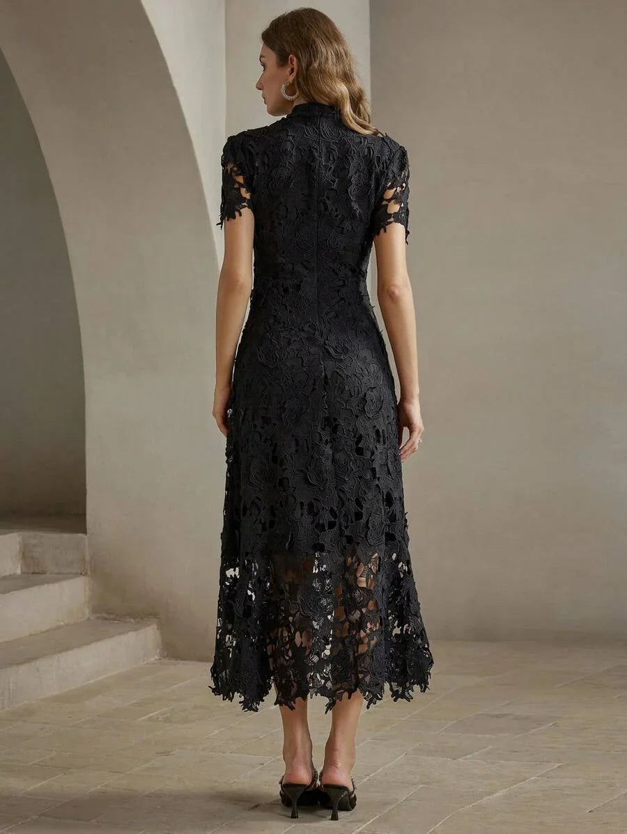 Womens Elegant Fitted WaterSoluble Lace Short Sleeve Waist Cinched Mini Dress Maxi Women Outfit