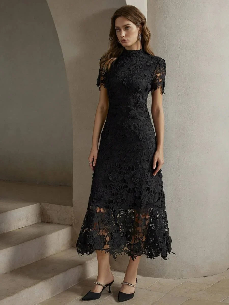 Womens Elegant Fitted WaterSoluble Lace Short Sleeve Waist Cinched Mini Dress Maxi Women Outfit