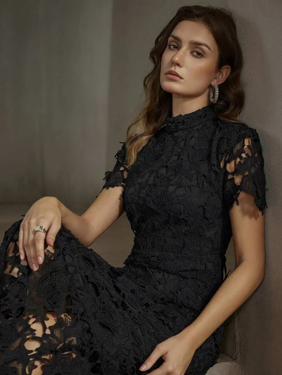 Womens Elegant Fitted WaterSoluble Lace Short Sleeve Waist Cinched Mini Dress Maxi Women Outfit