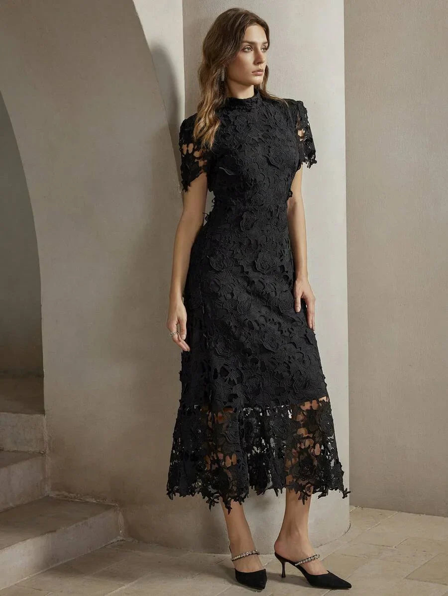 Womens Elegant Fitted WaterSoluble Lace Short Sleeve Waist Cinched Mini Dress Maxi Women Outfit