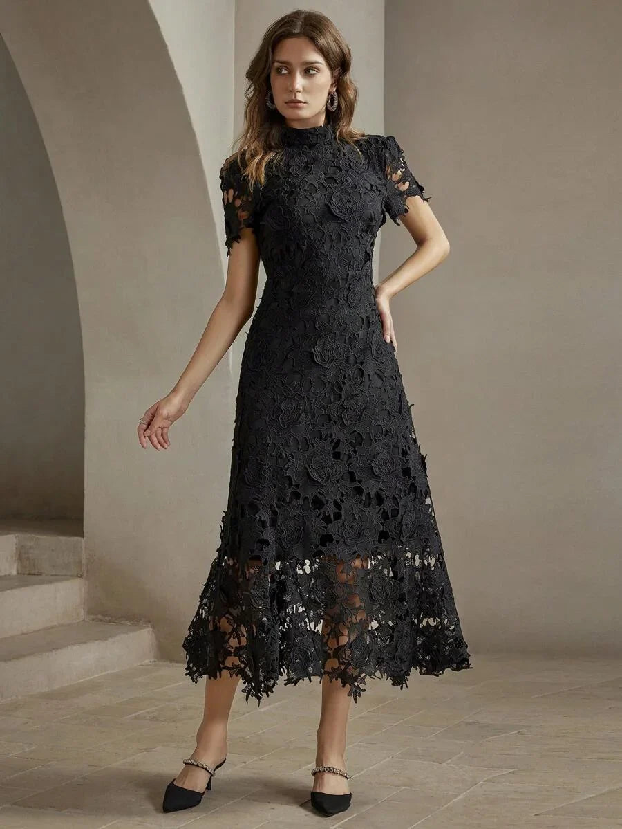 Womens Elegant Fitted WaterSoluble Lace Short Sleeve Waist Cinched Mini Dress Maxi Women Outfit