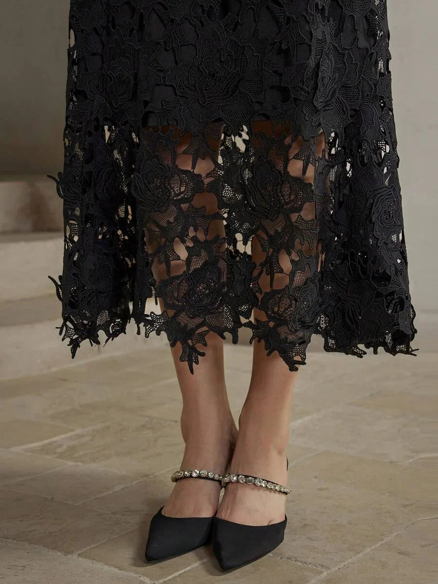 Womens Elegant Fitted WaterSoluble Lace Short Sleeve Waist Cinched Mini Dress Maxi Women Outfit