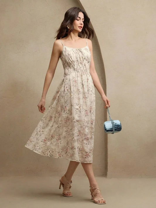 Womens Elegant Floral Butterfly Print Tie Waist Dress Summer Brunch Outfits Festival