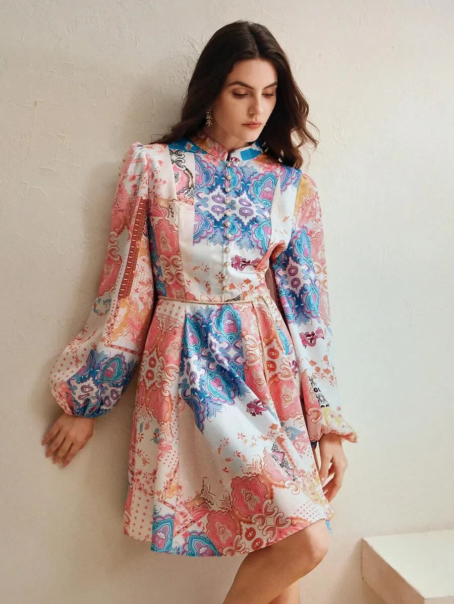 Womens Elegant Floral Print MidLength Dress Suitable For SpringAutumn
