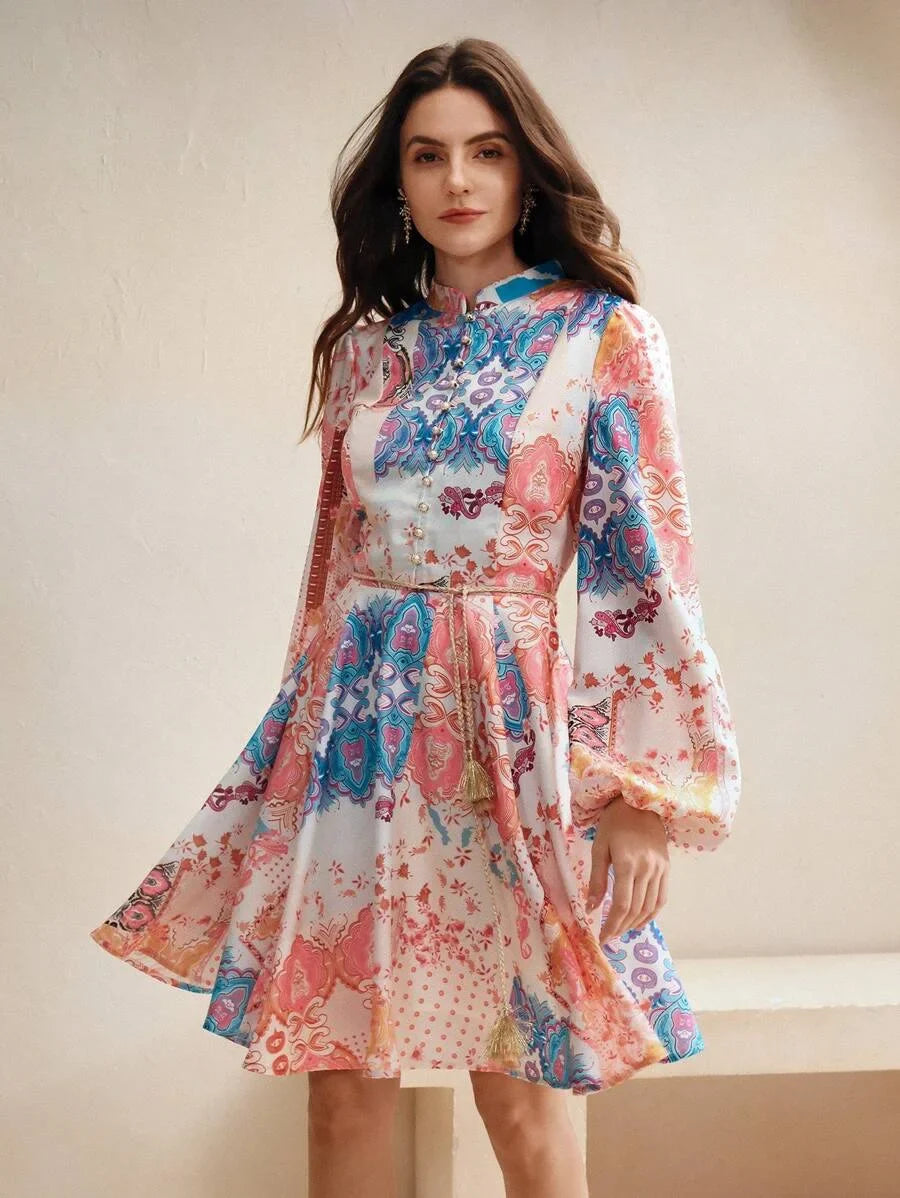 Womens Elegant Floral Print MidLength Dress Suitable For SpringAutumn