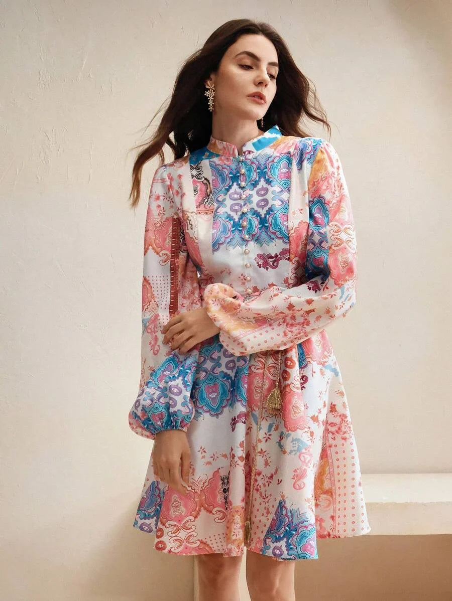 Womens Elegant Floral Print MidLength Dress Suitable For SpringAutumn