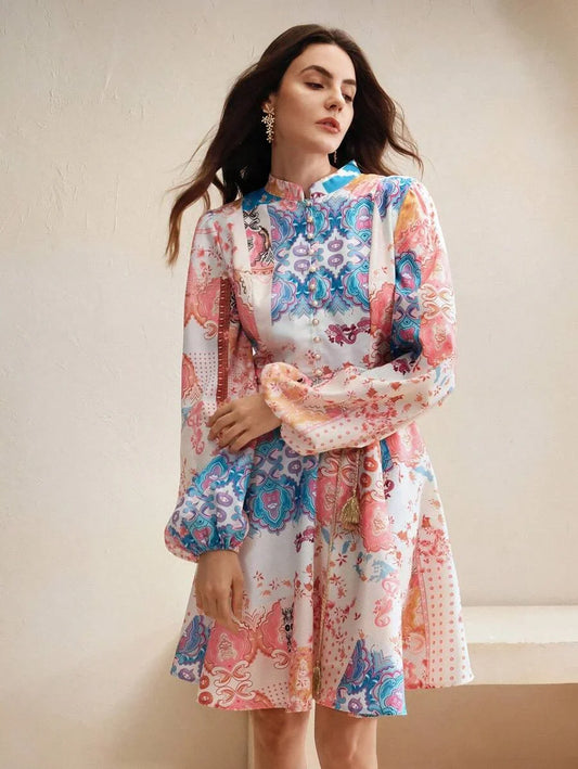 Womens Elegant Floral Print MidLength Dress Suitable For SpringAutumn
