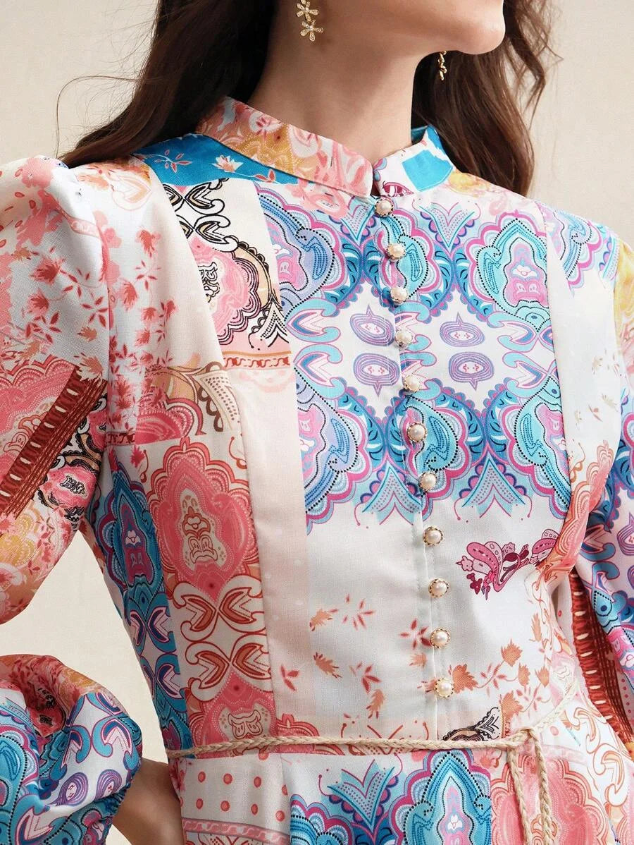 Womens Elegant Floral Print MidLength Dress Suitable For SpringAutumn