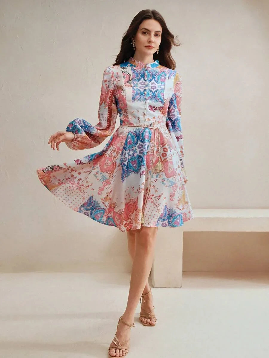 Womens Elegant Floral Print MidLength Dress Suitable For SpringAutumn
