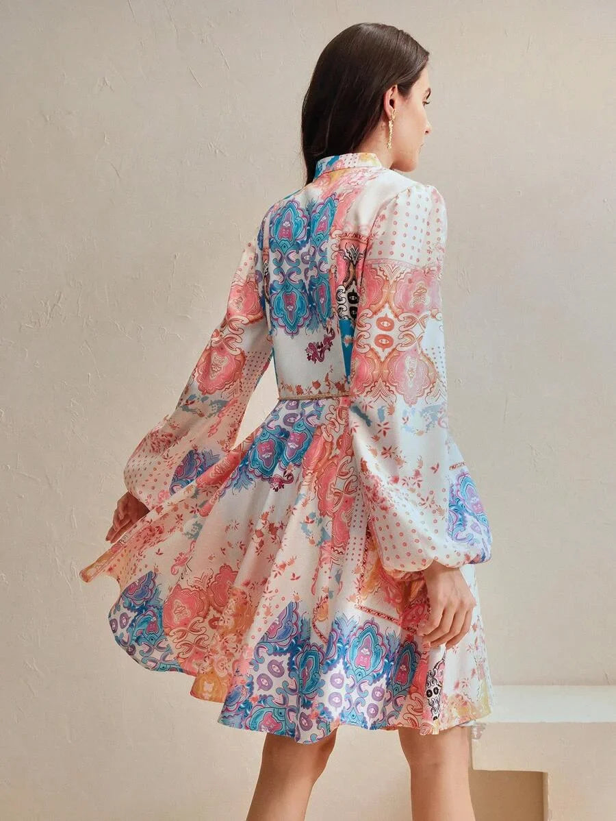 Womens Elegant Floral Print MidLength Dress Suitable For SpringAutumn