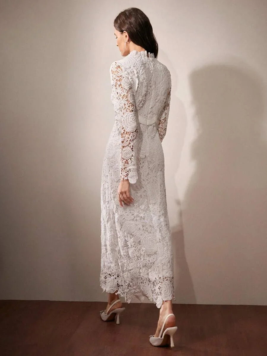 Womens Elegant French Rose HighQuality Satin Contrast Lace Dress Maxi Women Outfit