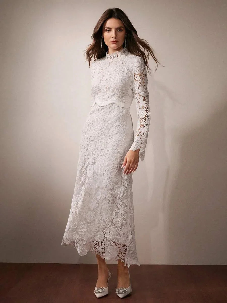 Womens Elegant French Rose HighQuality Satin Contrast Lace Dress Maxi Women Outfit