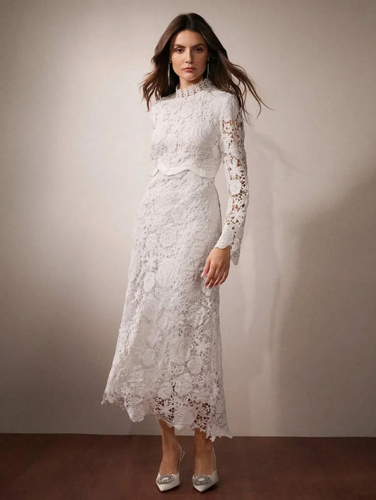 Womens Elegant French Rose HighQuality Satin Contrast Lace Dress Maxi Women Outfit