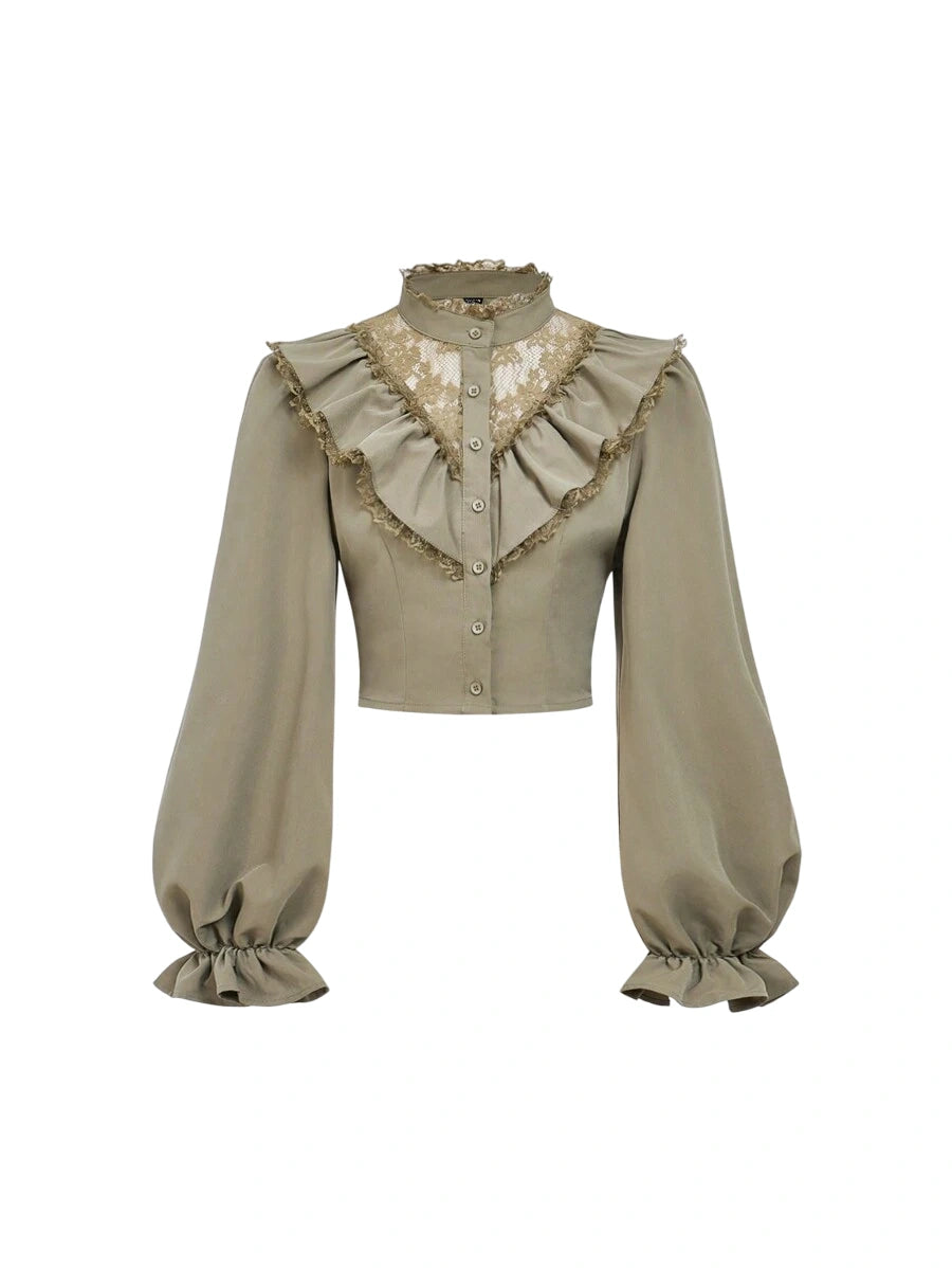 Womens Elegant Lace Patchwork Ruffle Lantern Sleeve Blouse Autumn