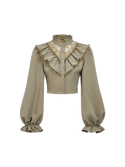 Womens Elegant Lace Patchwork Ruffle Lantern Sleeve Blouse Autumn