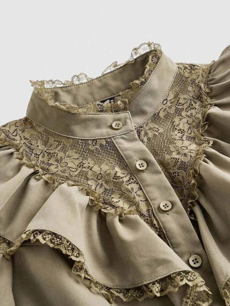 Womens Elegant Lace Patchwork Ruffle Lantern Sleeve Blouse Autumn