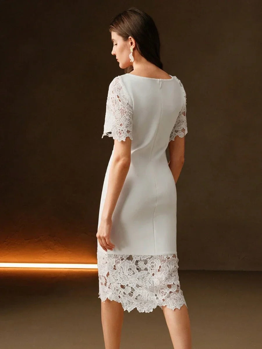 Womens Elegant Lace Patchwork Short Sleeve White Midi Dress Versatile Fit For SpringSummer