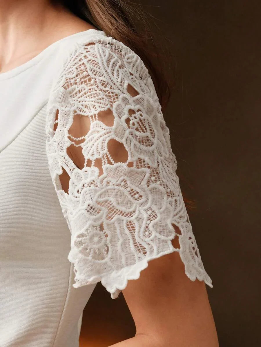 Womens Elegant Lace Patchwork Short Sleeve White Midi Dress Versatile Fit For SpringSummer