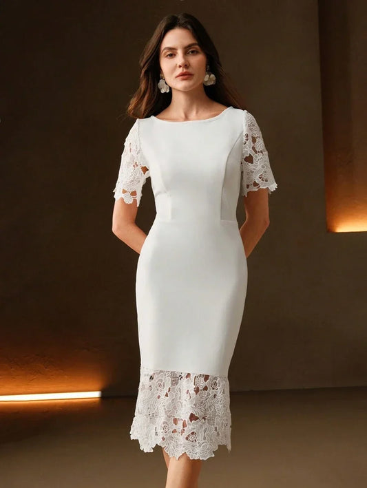 Womens Elegant Lace Patchwork Short Sleeve White Midi Dress Versatile Fit For SpringSummer