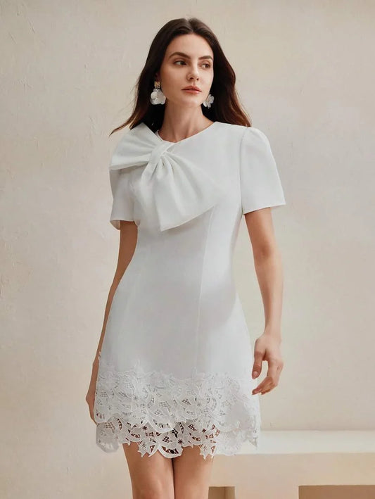 Womens Elegant Ladylike Charming Short Sleeve Crew Neck Waisted Lace Patchwork Hem With Bow Decor