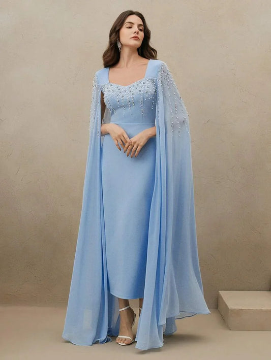 Womens Elegant Light Blue Rhinestone Beaded Long Sleeve Fitted Dress Spring