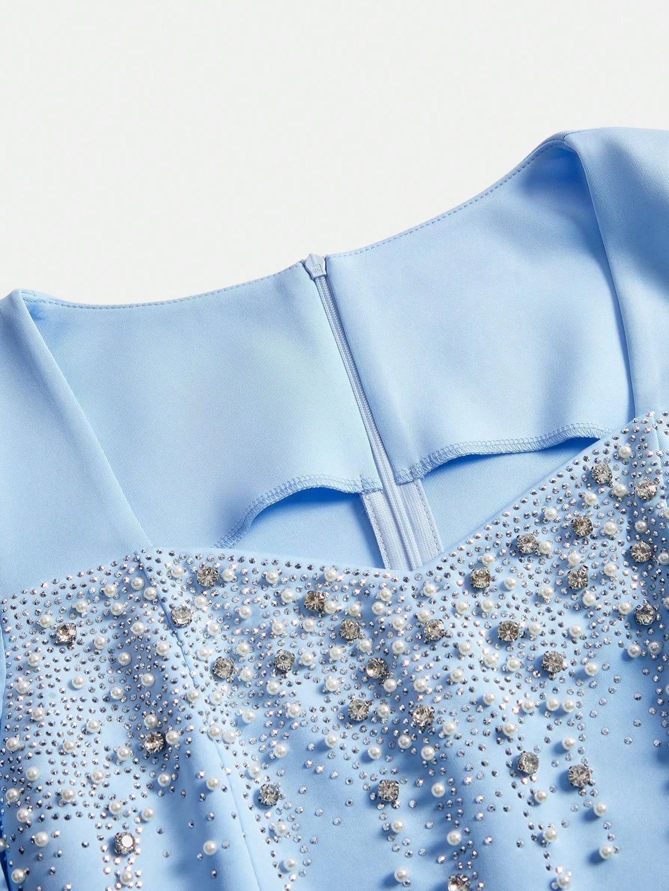 Womens Elegant Light Blue Rhinestone Beaded Long Sleeve Fitted Dress Spring