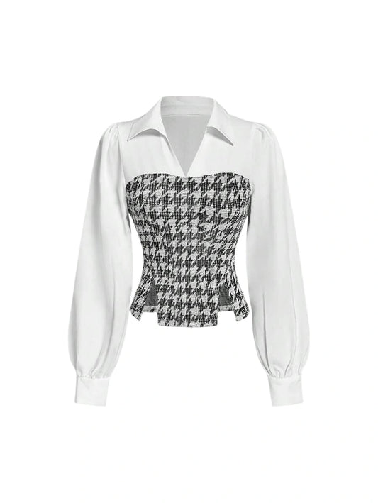 Womens Elegant Long Sleeve Crop Top Colorblock Plaid ButtonDown Shirt ThreeDimensional Front Autumn Shirt