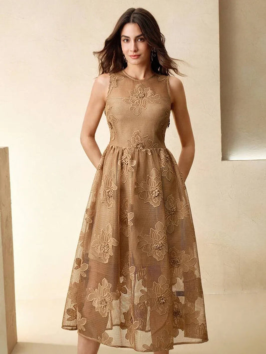 Womens Elegant Mesh Hollow Floral Sleeveless Dress Boho Spring Summer Outfits For Women Spring