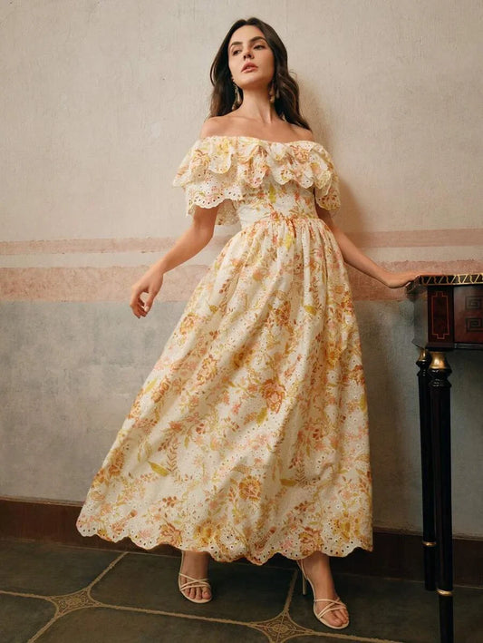 Womens Elegant Off Shoulder Ruffled HollowOut Floral Embroidered Dress Beach Resort Festival Going