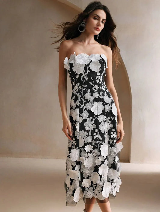Womens Elegant Party amp Holiday Embroidered Floral Mesh Overlay Strapless Dress
