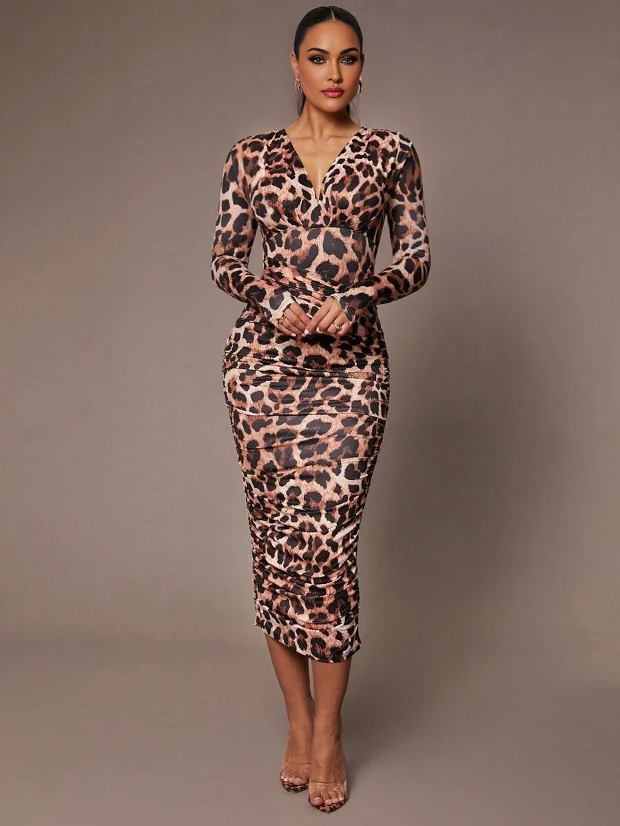 Womens Elegant Party Autumn And Winter Leopard Print Pleated Deep VNeck Pleated Slim MidLength