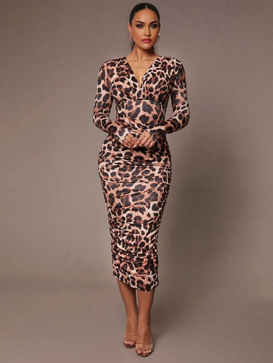 Womens Elegant Party Autumn And Winter Leopard Print Pleated Deep VNeck Pleated Slim MidLength