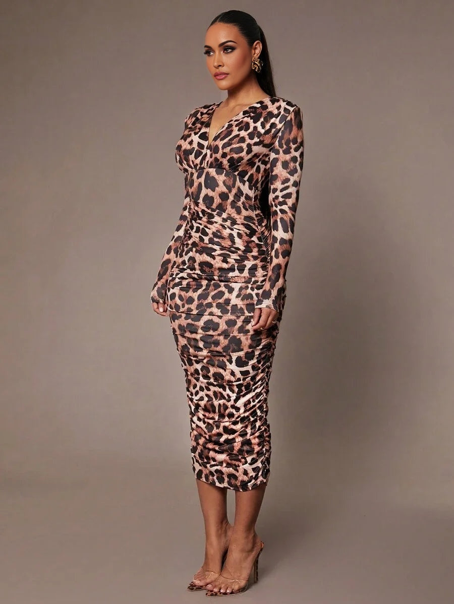 Womens Elegant Party Autumn And Winter Leopard Print Pleated Deep VNeck Pleated Slim MidLength