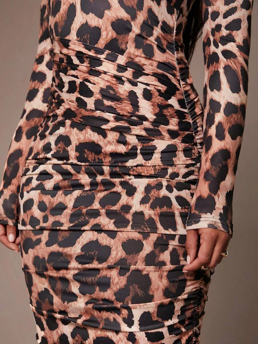 Womens Elegant Party Autumn And Winter Leopard Print Pleated Deep VNeck Pleated Slim MidLength