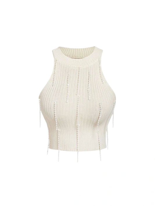 Womens Elegant Pearl Fringe Sleeveless Knitted Top
