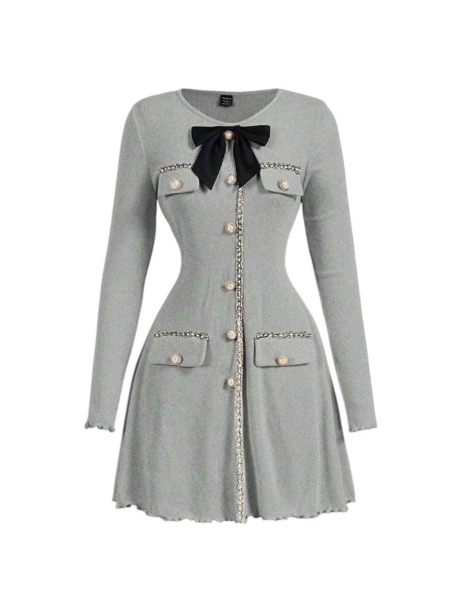 Womens Elegant Ribbon Patchwork Bow Decor Long Sleeve DressGoing OutBack To SchoolFall Women
