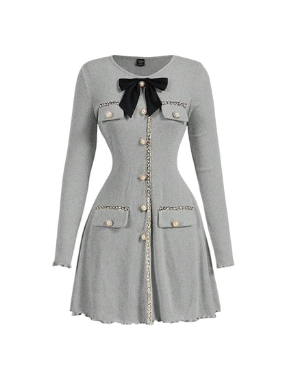 Womens Elegant Ribbon Patchwork Bow Decor Long Sleeve DressGoing OutBack To SchoolFall Women