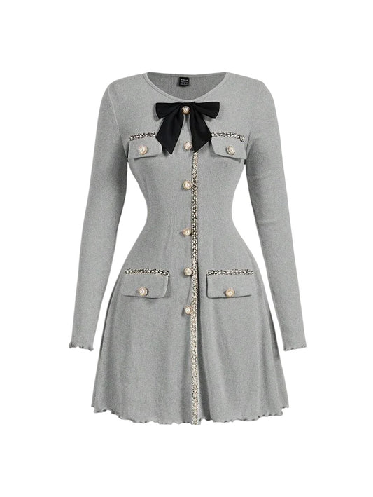 Womens Elegant Ribbon Patchwork Bow Decor Long Sleeve DressGoing OutBack To SchoolFall Women