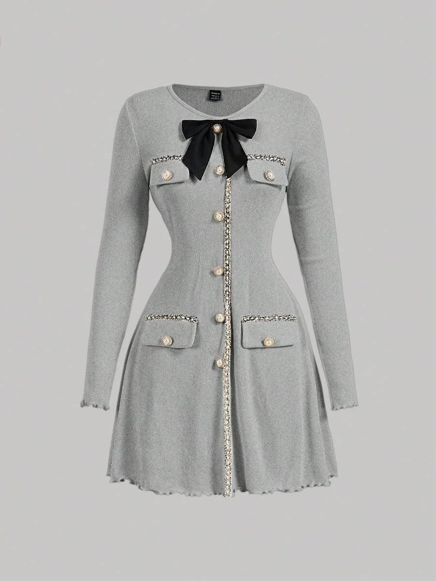 Womens Elegant Ribbon Patchwork Bow Decor Long Sleeve DressGoing OutBack To SchoolFall Women